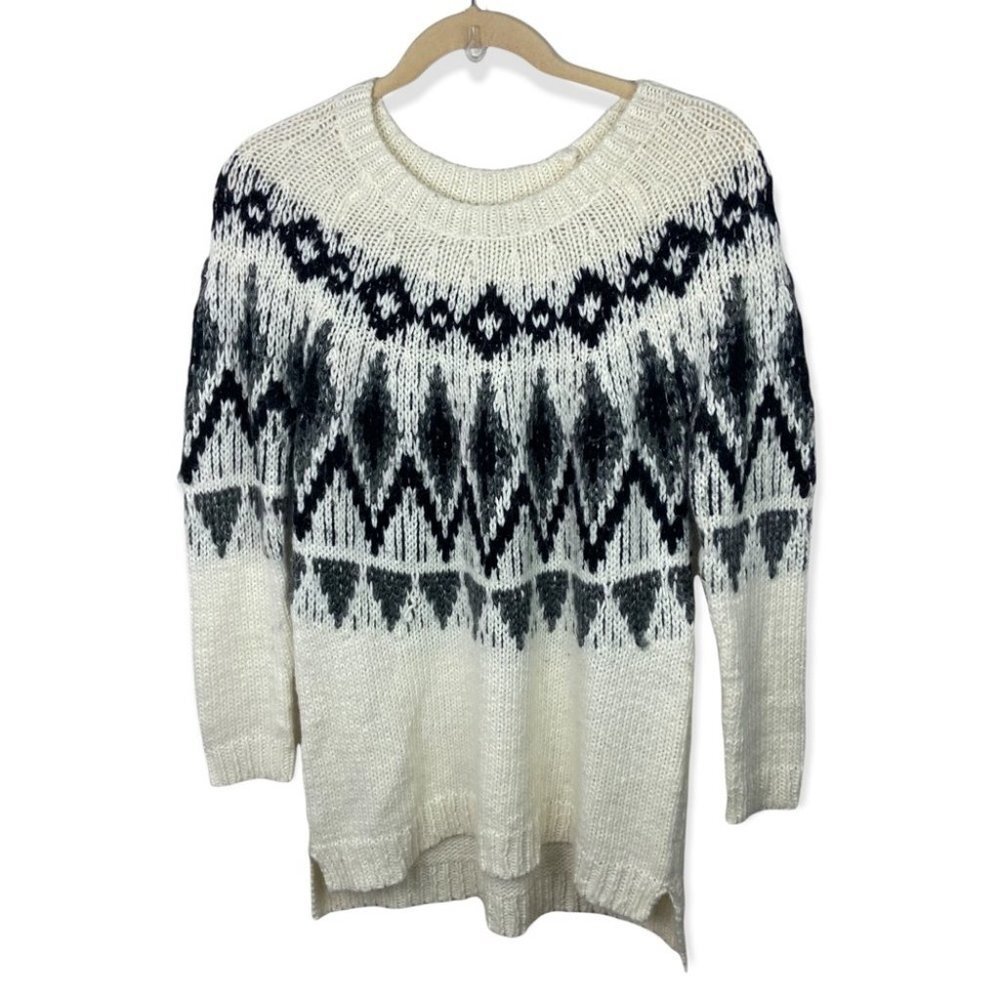 Fairisle Alpaca Blend Chunky Knit Sweater Tunic Oversize‎ White Black Nordic XXL